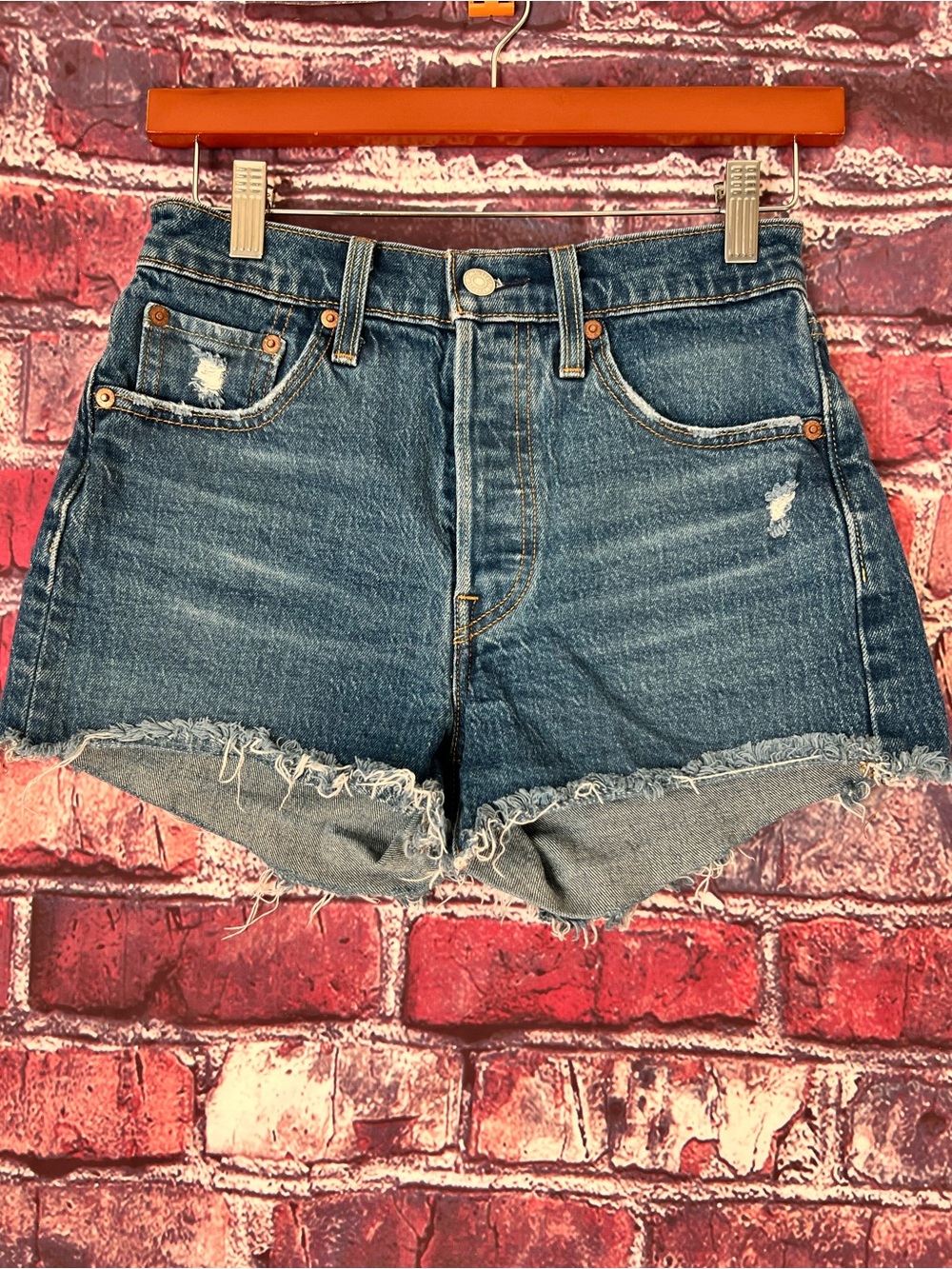 Levi's Dark Blue High-Rise Distressed Denim Shorts